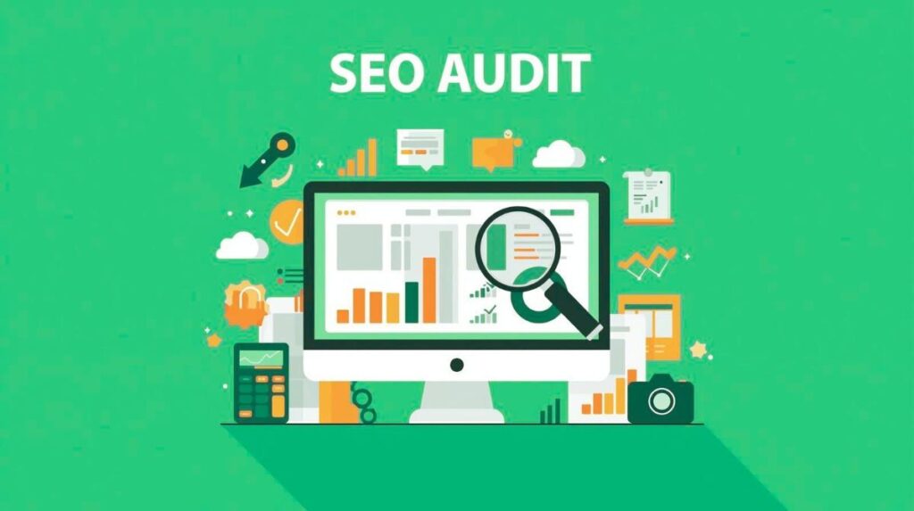 Illustration of a desktop showing SEO audit graphs and analytics, with magnifying glass, smartphone, calculator, and documents, representing a technical SEO audit for website optimization.